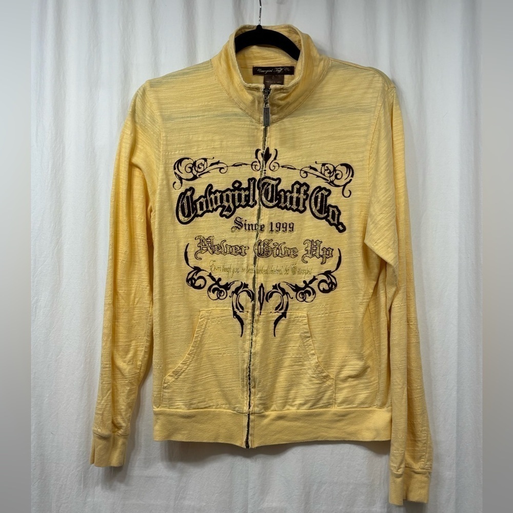 Cowgirl Tuff Full Zip Shirt Jacket Yellow Gold Glitter Lightweight Top Large Y2K